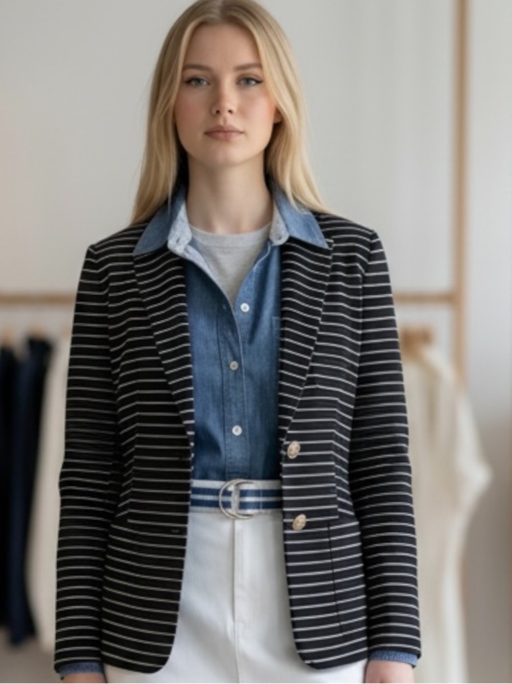 Tommy Hilfiger Black White Striped Blazer Women’s Size 6 Lined Rayon Blend